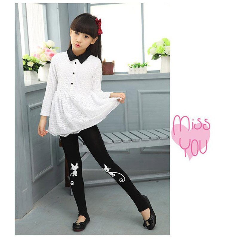 Primavera otoño chicas Leggings Skinny niños gato niños pantalón negro mallas de algodón pantalones gato patrón para flores niñas lazo elástico