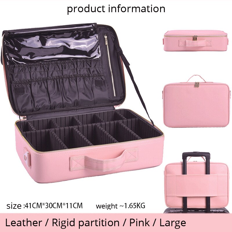 Organizador de maquillaje de gran capacidad para mujeres, caja de almacenamiento de Neceser cosmético de multicapa, Bonito traje portátil: PINK-L