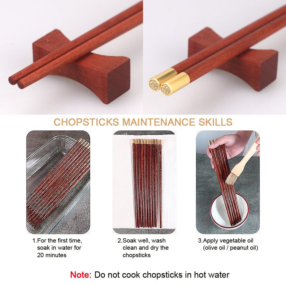 VIP Boutique Box 5 Pairs Red Sandalwood Chopsticks 5PCS Chopstick Rest Solid Wood Pure Copper&quot;FU&quot; Chopsticks Top