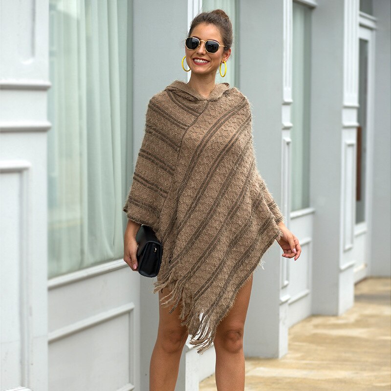 Otoño , manto con capucha para mujer, manto con flecos a rayas, suéter para mujer, Ponchos y capas casuales, ropa de invierno, prendas de vestir para mujer