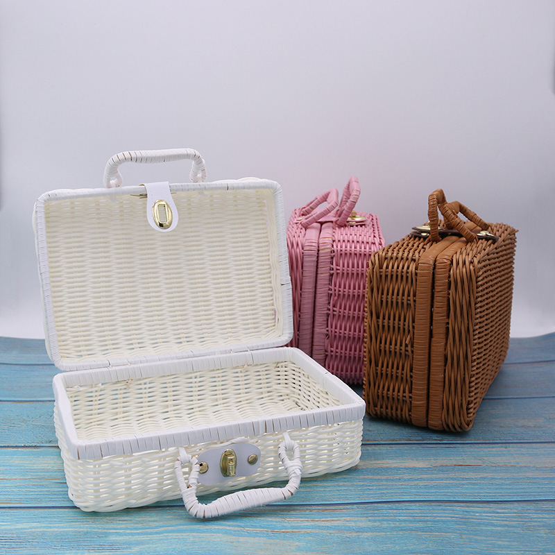 Retro Weave Rattan Storage Box Suitcase Woven Wicker Jewelry Cosmetic Storage Case Picnic Baskets Home Storage Decoration