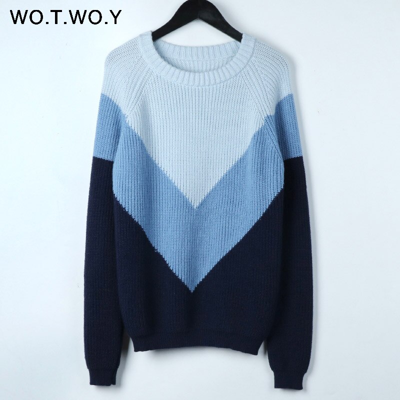 Wotwoy höst vinter kontrast färg dam tröja ledig långärmad pullover dam o-ringad stickade toppar dam jumper femme soft: S922 blå