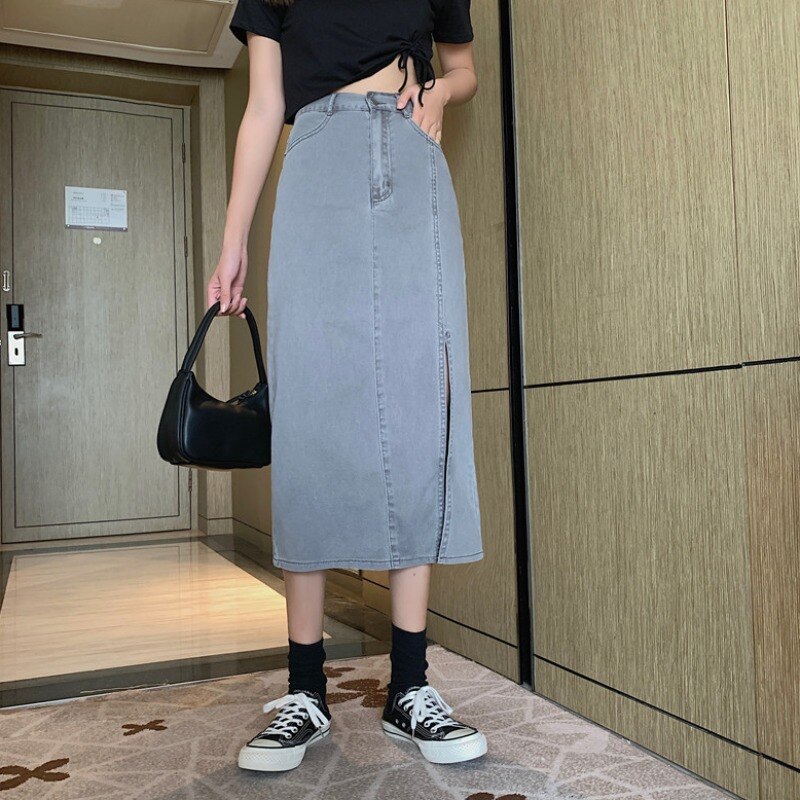 Koreaanse stijl hoge taille slanke midi rok split denim tas hip a-lijn rok voor vrouwen