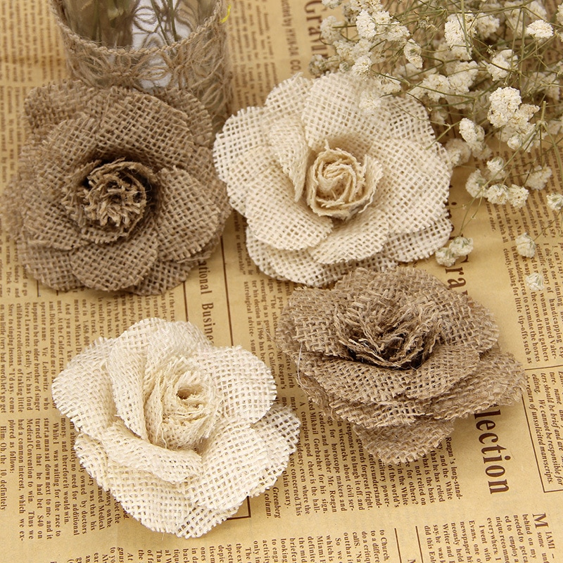 2/3/5pcs 9cm Fait Main Jute toile De Jute Toile De Jute Rose Fleurs Vintage Décoration De Mariage Rustique Jute Décorations De Noël pour la maison