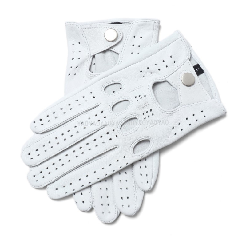 Gants de moto en cuir véritable pour hommes, en peau de mouton, à la , noirs, respirants, pour la conduite, mitaines pour hommes: WHITE / L
