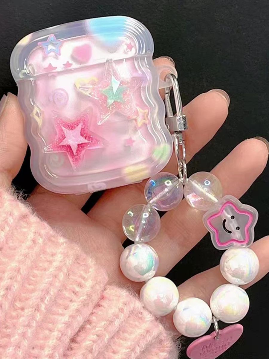 Koreanskt sött hörlursfodral med 3d rosa stjärnor och vågig kant till airpods 1 2 3 med kärlekshjärta och pärlhänge, mjukt fodral till airpods pro 2