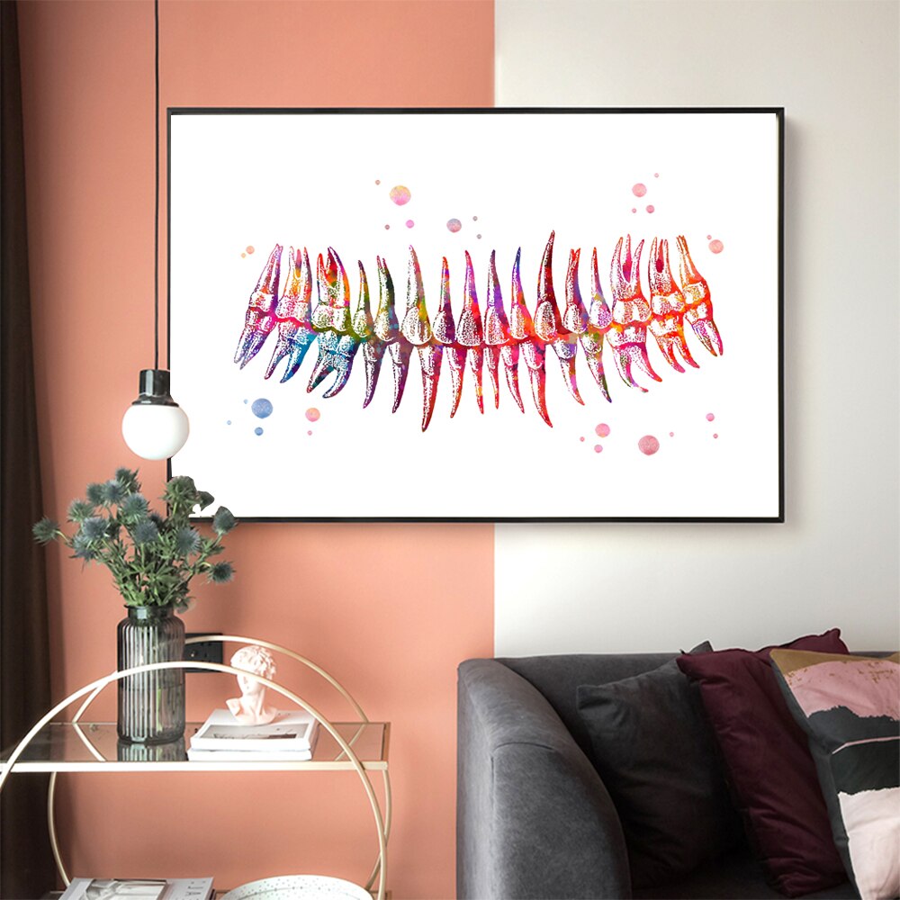WANGART Tanden Aquarel Print Dental Art Tandarts Poster Menselijk Tanden Anatomie Stomatologie Decor Kliniek Muur Decor Doctor