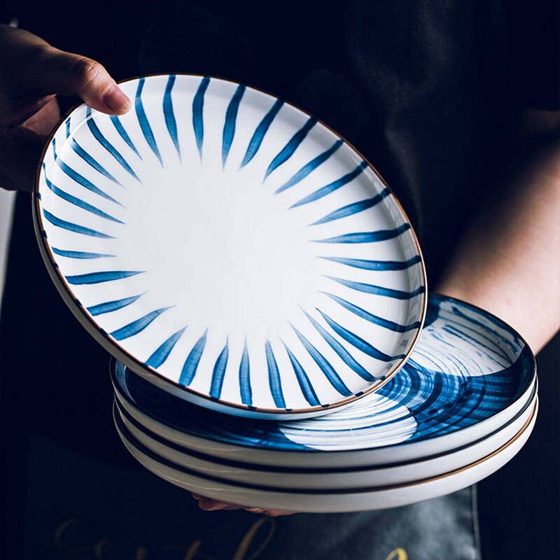 RHE-platos de dibujo a mano de estilo japonés, juego de cerámica, plato redondo para carne, Pizza, utensilios de cocina, vajilla de porcelana para Sushi,