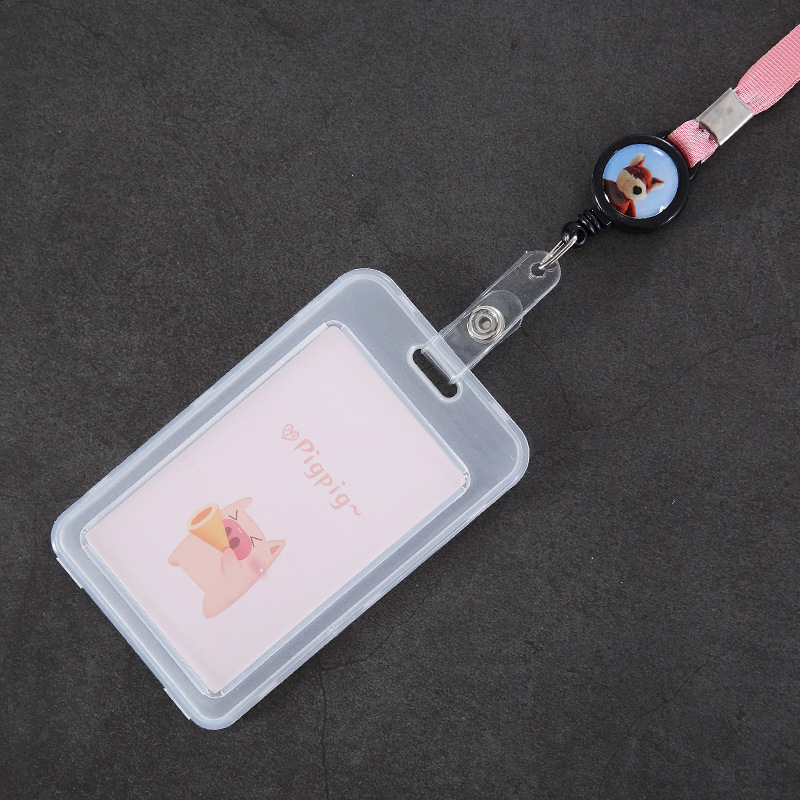 Pvc Transparent Card holder Hanging Rope Cartoon Lovely Document ID Card Holder Student Public Transport Dining-card Holder: pigpig-pink