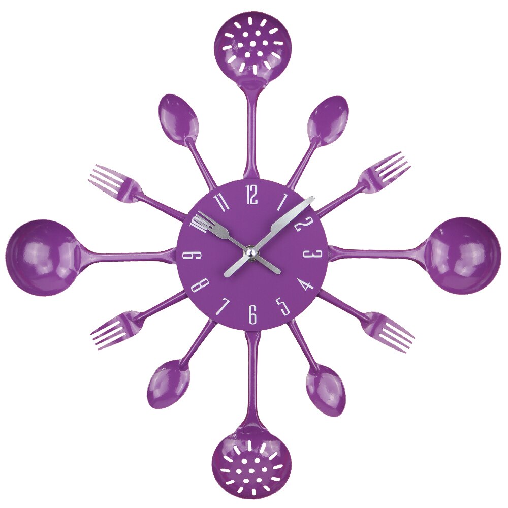 Cutlery Kitchen Clock Wall Copper Metal Spoon Fork Wall Decor Clocks Modern Art Horloge 3d Wall Clock 2022: purple