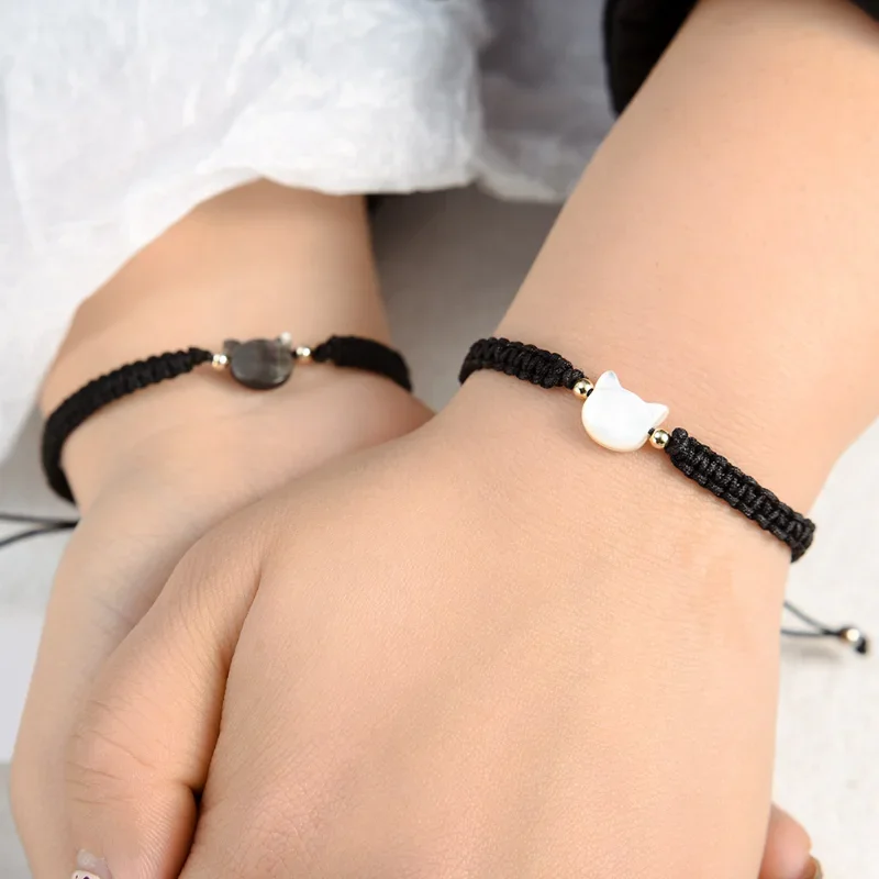 Pulseras de obsidiana de piedra lunar Natural, pulsera minimalista hecha a mano, bonita pulsera de gato blanco y negro, accesorios de , joyería