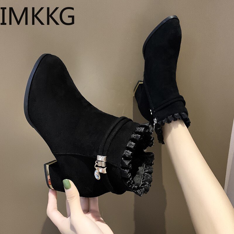 Bottines en dentelle à volants pour femme, chaussures courtes de soirée, élégantes, à talons hauts, Style anglais, chaudes, hiver