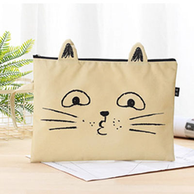 EZONE A4 Canvas File Bag File Folder Cute Cat Document Bag Paper Storage Bag Students Stationery Office School Supply: Light coffee