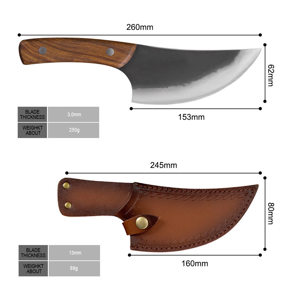 Qing 5.5 inch Boning Camping Serbian Knife Full Tang Cleaver Butcher Handmade Forged Steel Knife Slice Chef Knives With Leather: I