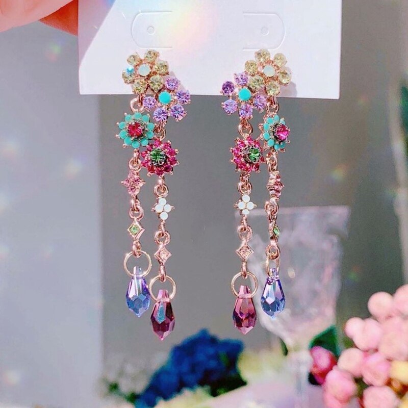 Korean Shiny Crystal Colorful Flower Earrings For Women Party Dangle Pendientes Jewelry