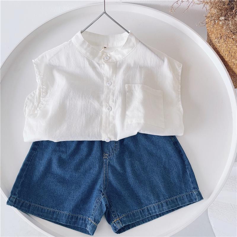 Jongens Mouwloos Shirt Met Pocket 2022 Zomer Koreaanse Kinderen Effen Kleur Casual Button Shirts Knappe Kinderkleding WT763