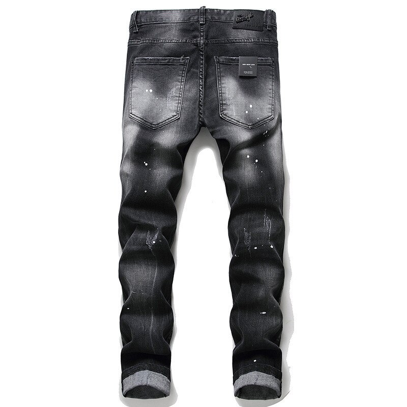 Jean déchiré avec icône de peinture noire pour hommes, 2022, fermeture éclair sauvage, décoration, personnalité, 1056