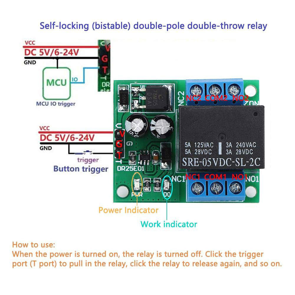 Dc5v/6-24v relämoduler självlåsande dpdt-relämodul dubbelpolig dubbelkastande bistabil reläomkopplare för arduino