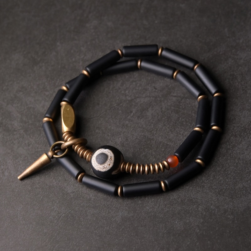 Perline tibetano Nero onice Del Braccialetto dell'annata Trasformati Rame Vajar Zen Gioielli di Guarigione Accessori di Protezione Delle Donne Degli Uomini