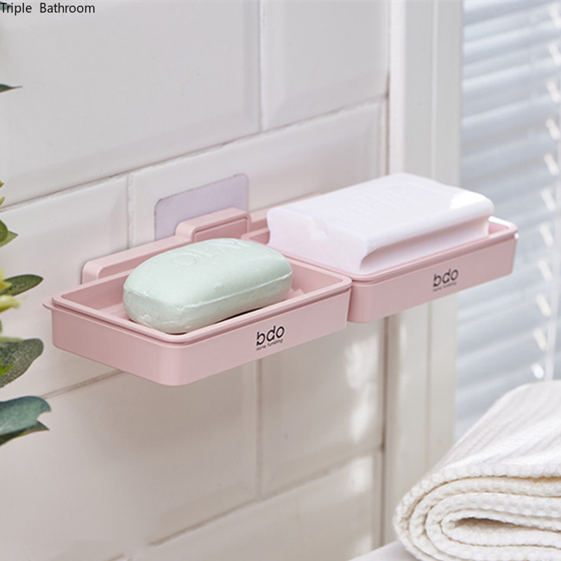 Caja de jabón nórdica de Color sólido, accesorio de plástico redondo y cuadrado para el hogar, doble capa, sin perforaciones, para colgar en la pared, suministros de baño y ducha