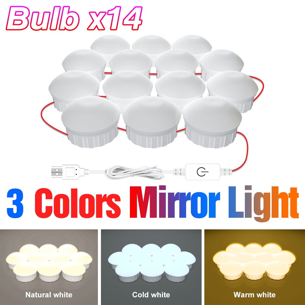 3 Colors LED Dressing Table Wall Lamp USB Hollywood Makeup Mirror Light 12V Bathroom Vanity Toiletries Lighting Bulb Kit 6 10 14: 3 Colors 14 Bulbs