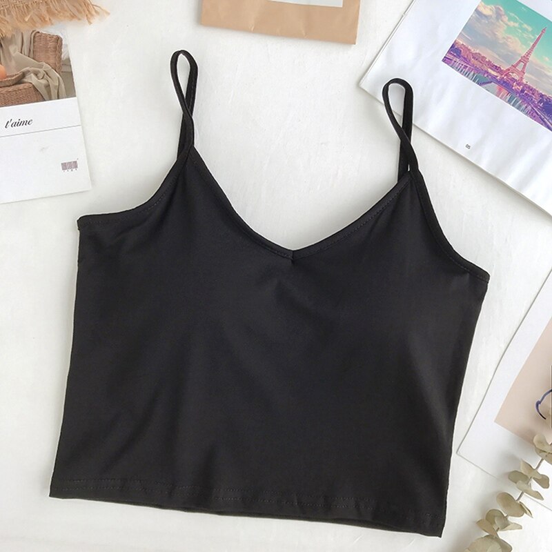 Women Cotton Basic Camisoles Female Cozy Spaghetti Strap Sexy Back Camis Solid Color Ladies Comfy Underwear: black