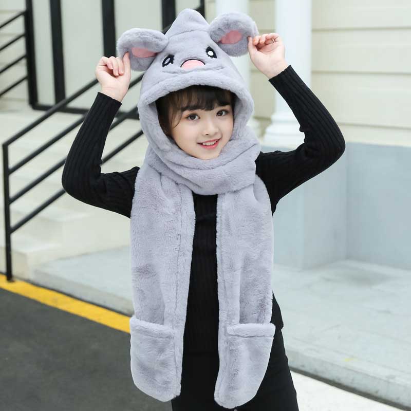 3 en 1 de oso bufanda suave con guantes de sombrero para niñas otoño invierno rosa gris Beige cálido gorro niñas bufandas: 2