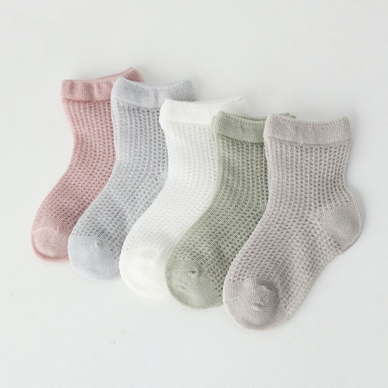 5Pairs/Lot Children Cozy Soft Solid Breathable Mesh Cotton Socks for 1-12Y Boy Girl Baby Teen Summer Kids Clothes Accessories: Grid Group / M 1-3Y