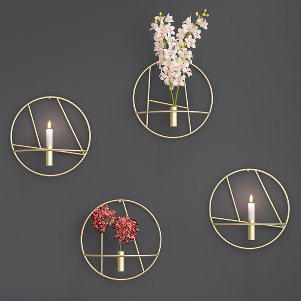 Metal Geometric Candlestick Modern Art 3D Circle Metal Candle Holder Wall Hanging Flower Vas for Home Bedroom Decoration Crafts