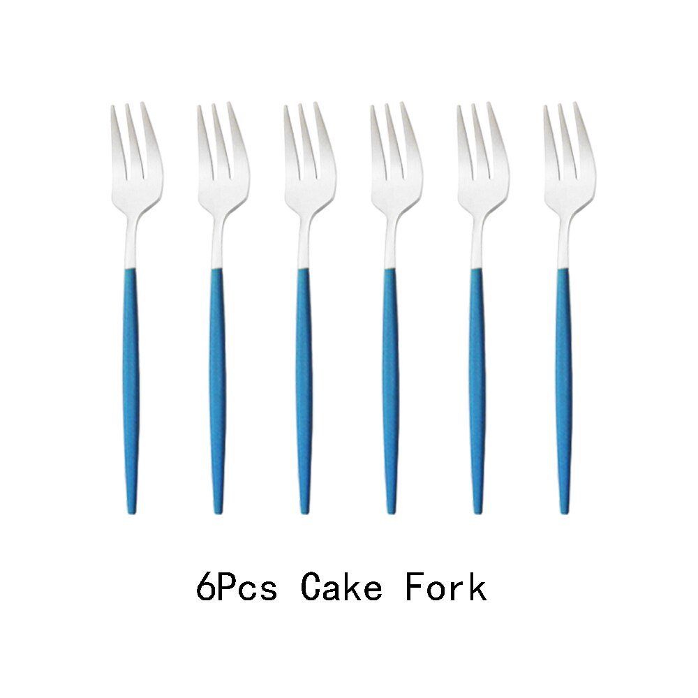 6Pcs Coloful Fork Set Tea Cake Snack Forks Dinnerware Cutlery Matte Stainless Steel Tableware Dessert Fruit Fork Silverware Set: Blue Silver