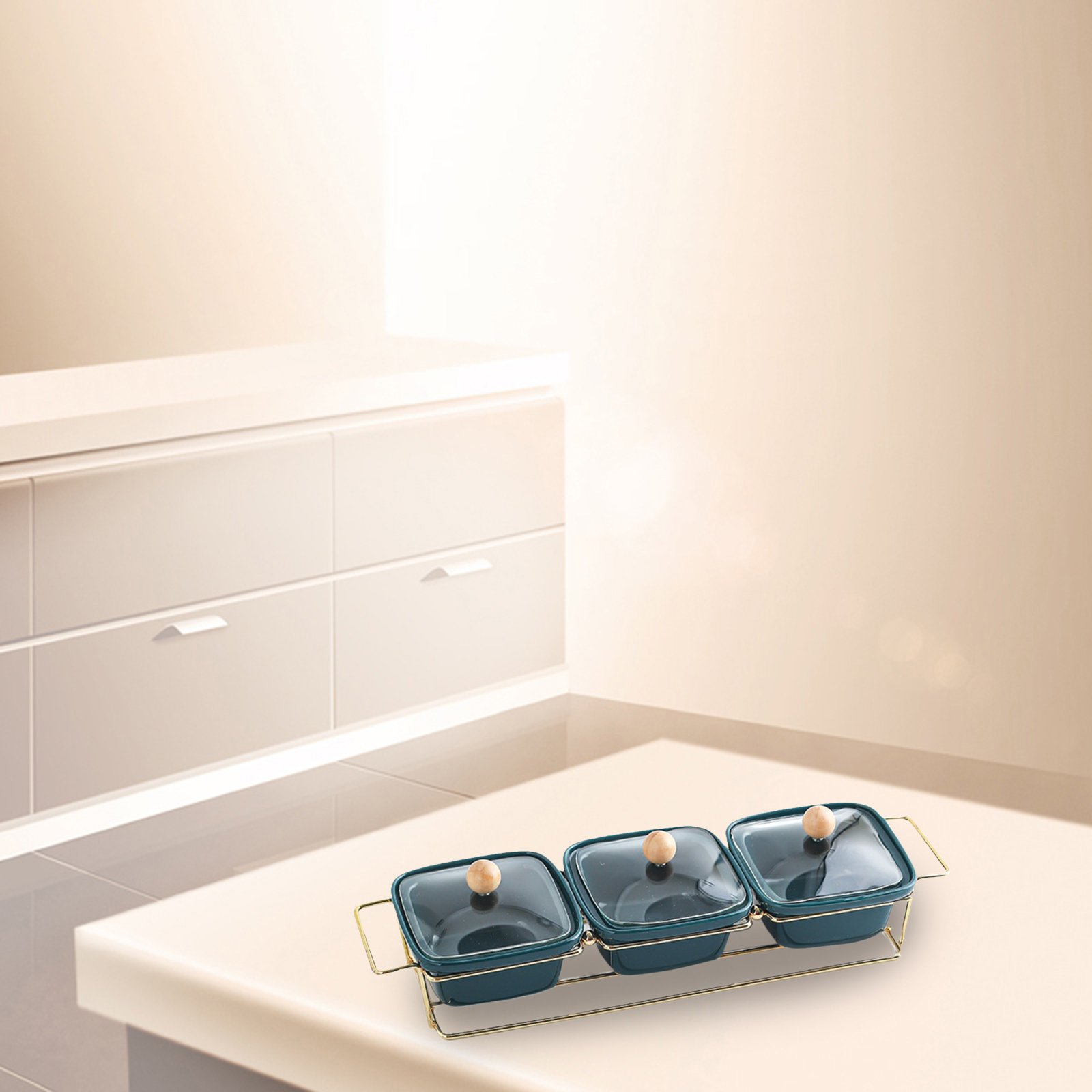 Ceramic Snacks Platter Glass Lid Moisture-proof Serving Bowl Divided Metal Rack for Nuts Candy Desserts