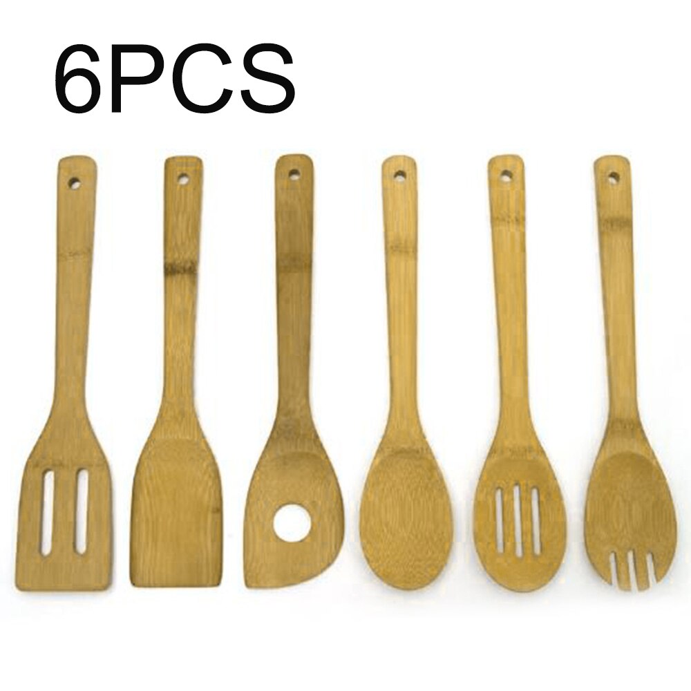 6Pcs Bamboo Long Handle Spoon Kitchen Utensil Cooking Tool Mixing Kit 30cm X 6cm