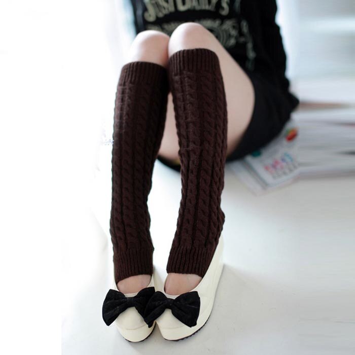 Women Winter Thigh High Leg Warmers Hemp Flowers Pattern Solid Color Knitted Crochet Long Socks Warm Boots Socks: Brown