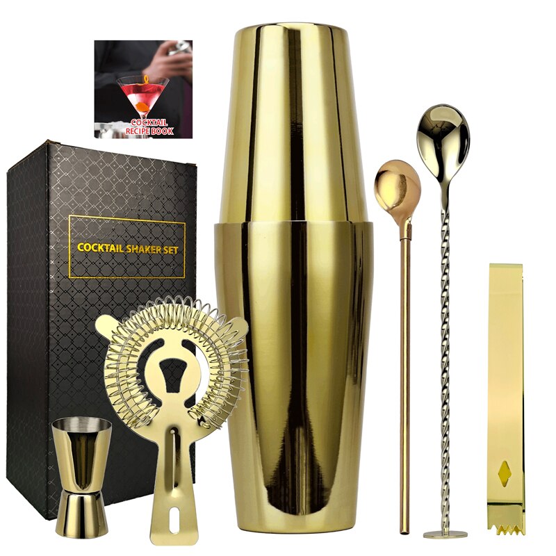 Ensemble de Shaker à Cocktail de Boston en or Rose, Kit de barman, pour boissons mixtes, outils de Bar à domicile Martini, pour débutants, 6 pièces: Gold-Boston