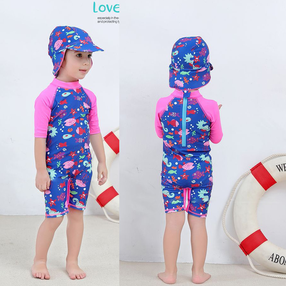 Summer Children Swimsuit Girl One-Piece Swimsuit Zipper Swim Cap Cartoon Kid Spring Swimsuit Beach Suit