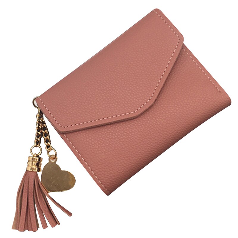 Short Wallet Tassel PU Leather Wallets Female Heart Pendant Hasp Coin Purse Mini Bag: dark pink