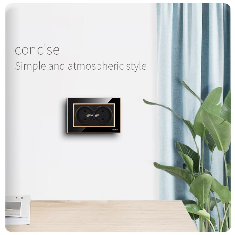 French Standard Power Plug Socke Acrylic With Grounding Black 2 Gang Wall Socket 250V 16A Power Supply Charger