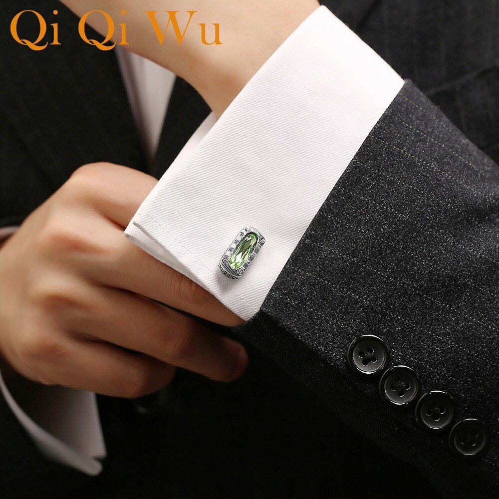 QiQiWu Retro Green Crystal Men Cufflinks Wedding Luxury Square Mens Shirt Cuff Buttons Silver Plated Cuff links Christmas