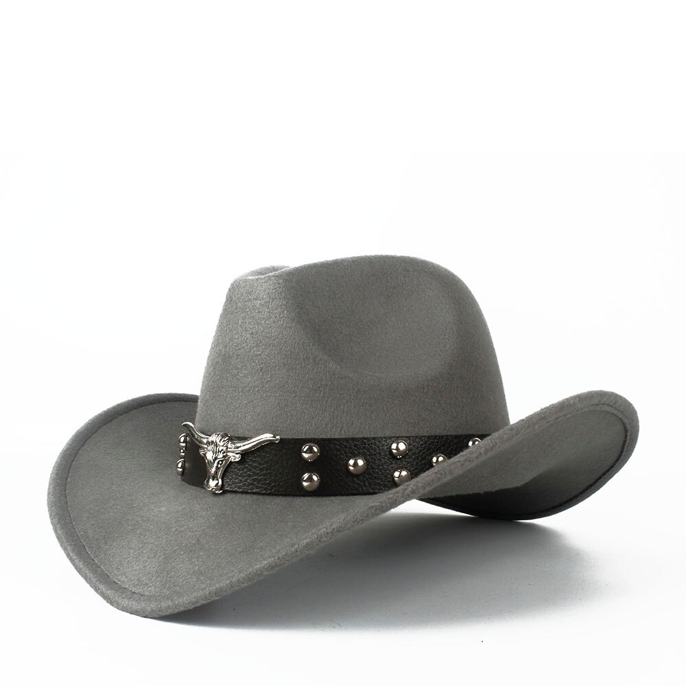 Women Men Wool Hollow Western Cowboy Hat With Tauren Belt Outback Jazz Toca Sombrero Cap Size 56-58CM: gray