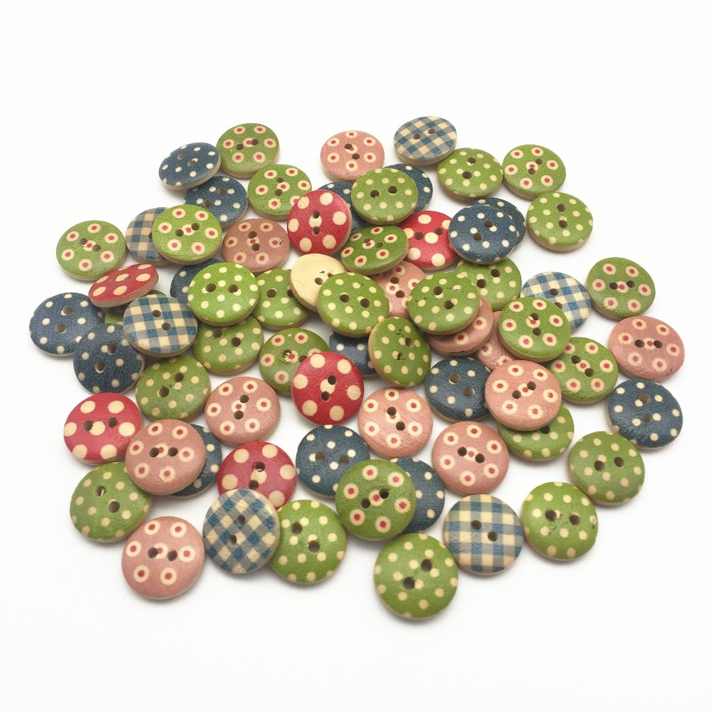 100Pcs 15Mm Natuurlijke Gemengde Stippen Controles Hout Knoppen Geschilderd 2 Gaten Ronde Naaien Diy Knop Versieringen Voor Scrapbooking