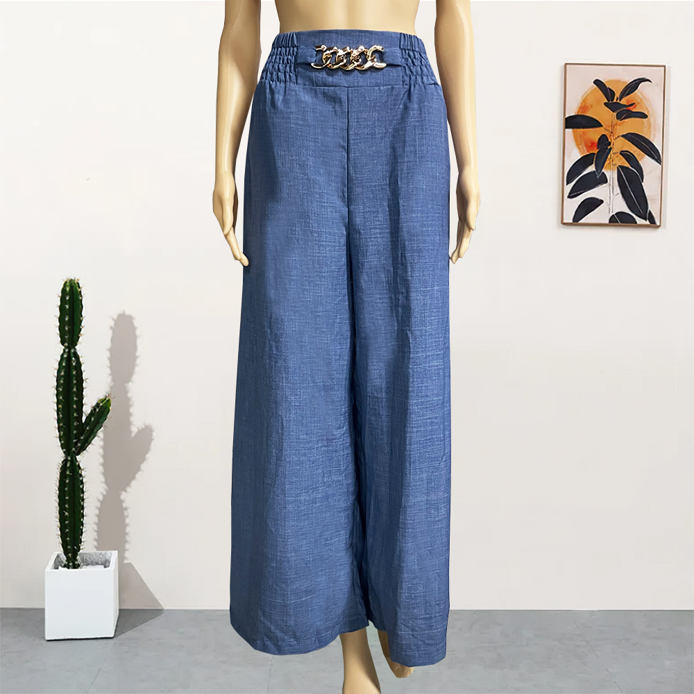 Hohe Taille Einfarbig Breite Bein Hosen Sommer schick verlieren Elegante Metall Ausgestelltes Schlauch Büro Damen Gerade Frauen Hosen