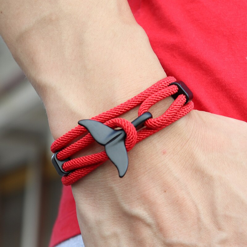 Pulsera de cola de ballena hecha a mano para hombre y mujer, brazalete de cuerda roja, cadena, joyería vikinga