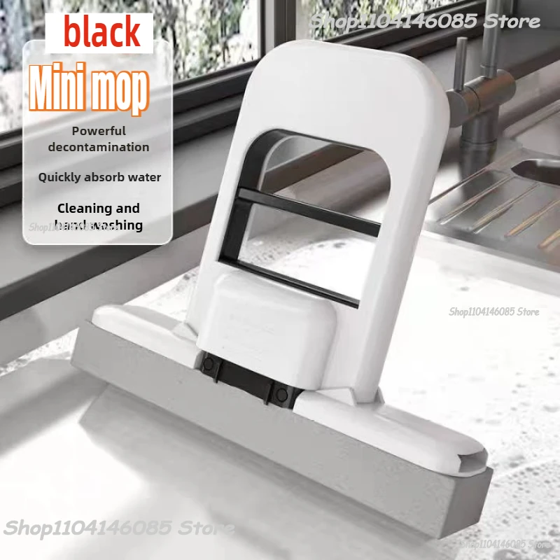 Mini Sponge Mop Hand-free Wash Mops Mini Portable Super Absorbent Mop for Desktop Floor Bathroom Kitchen Glass Car Cleaning: black