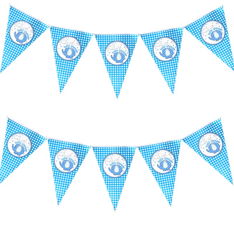 Blå babyelefant tema födelsedag dra flagga set fest dekoration leveranser layout banner duk koppar och tallrikar baby shower: Vimpel