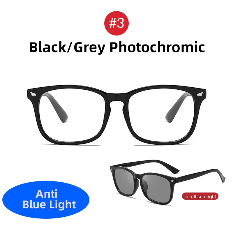 Classic Photochromic Blue Light Blocking Glasses Men Square Color Changing Anti Blue Ray Computer Chameleon Eyeglasses: 3 Grey Photochromic