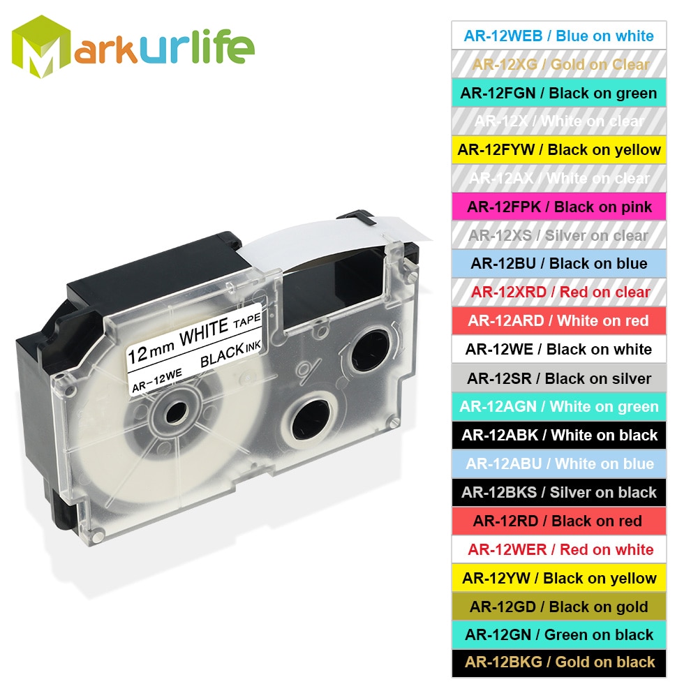 1 Pack Selectable Color Label Tape 12mm*8m XR-12X XR-12WE XR-12RD XR-12BU XR-12YW XR-12GN XR-12GD XR-12SR for Casio Label Maker