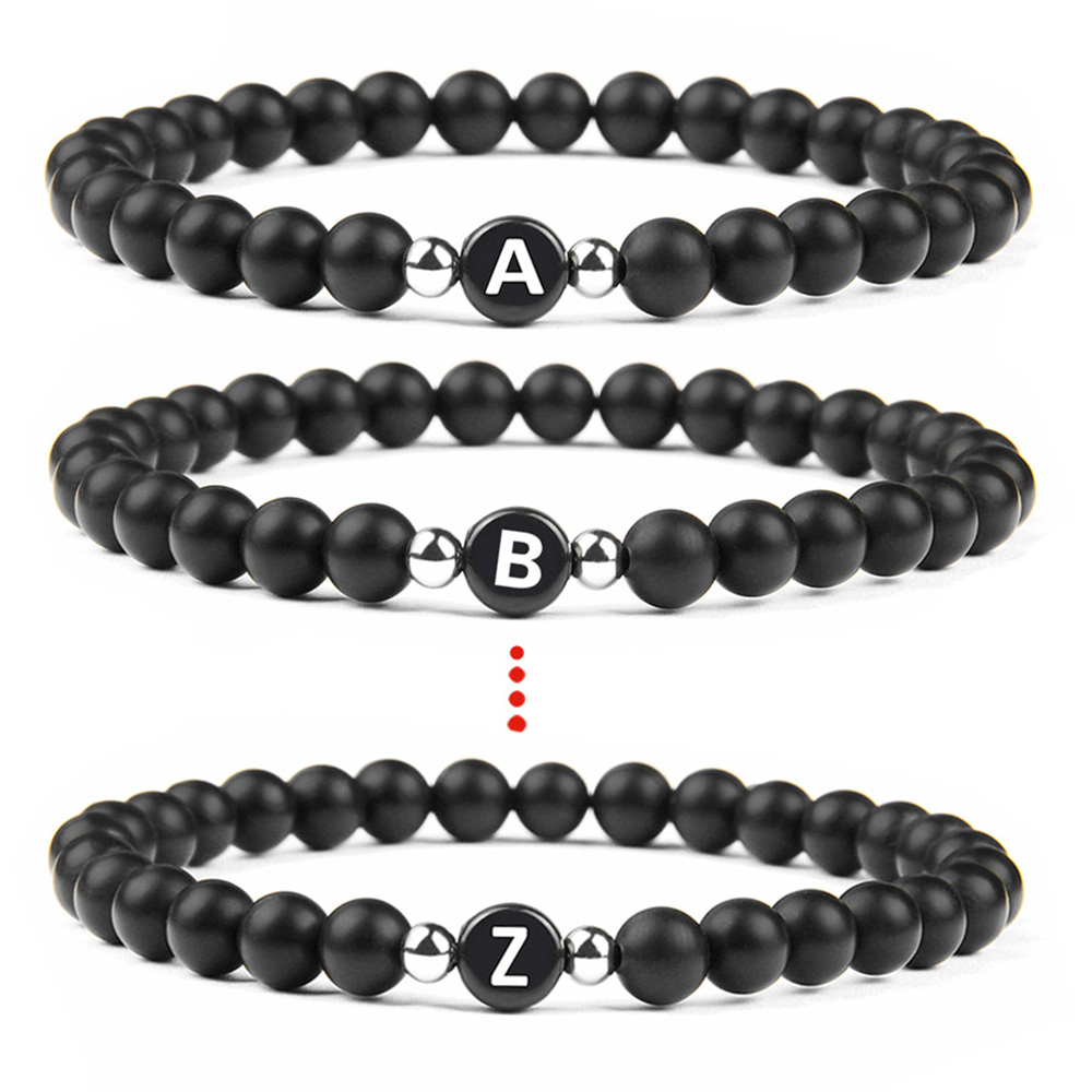 Pulsera de 26 letras de piedra blanca y negra hecha a mano DIY para mujeres, hombres, joyería para parejas, pulsera elástica de cuentas de la suerte de la amistad, para niños