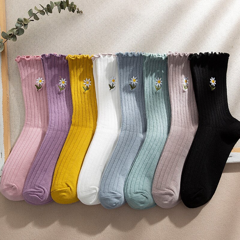 CHAOZHU Summer Spring Thin Loose Socks Daisy 8 Colors Long Women Sox Sweet Cute Cotton Knitting Rib Korea Japanese