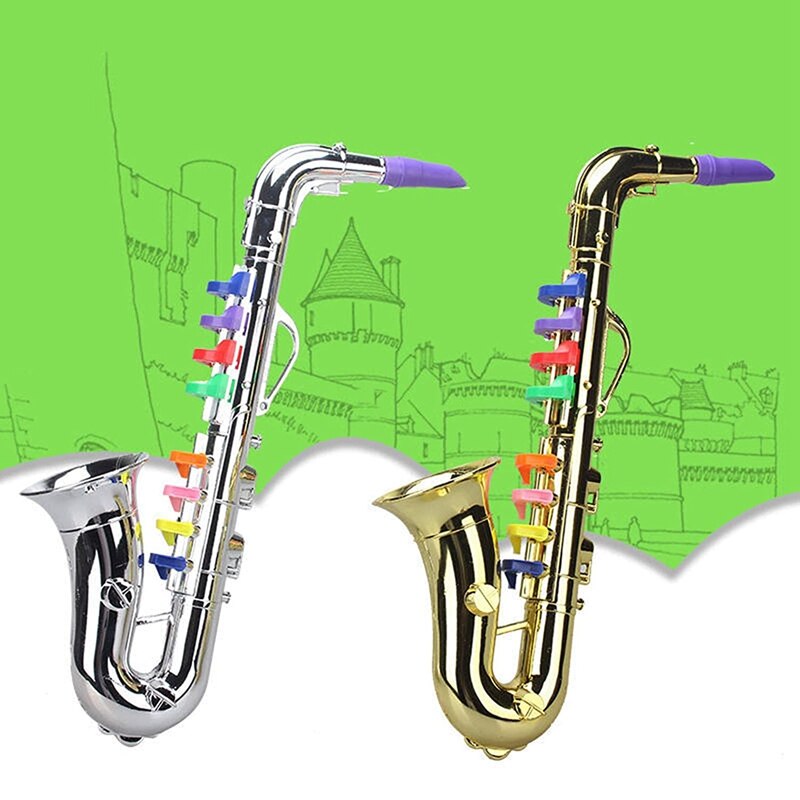 Saxophone Jouet 8 Touches Colorées – Instrument à Vent En Plastique Doré Pour Enfants, Idéal Pour Éveil Musical
