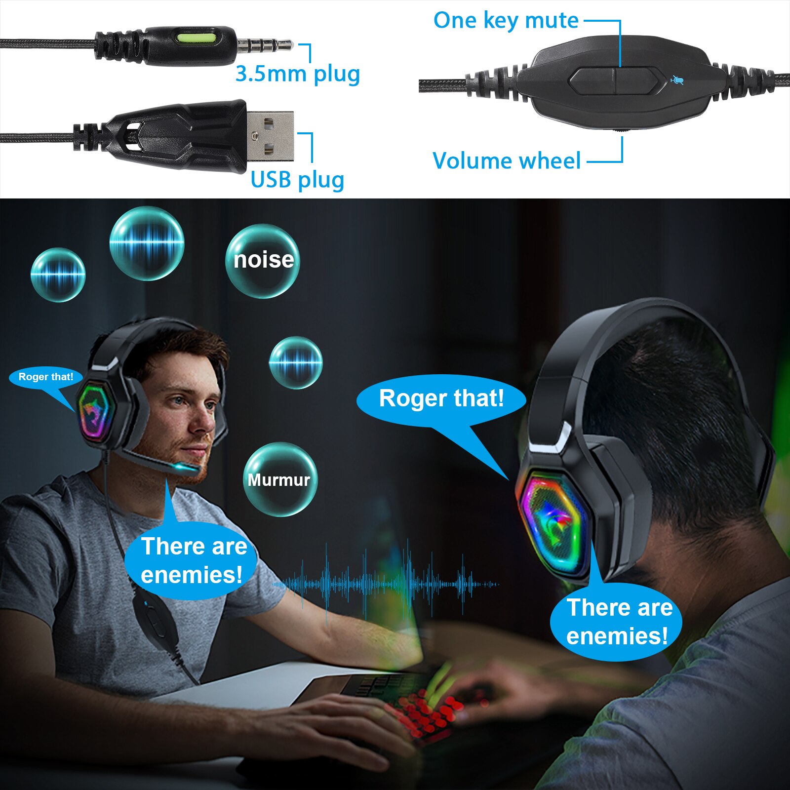 Noise reduction Headset Gamer With HD Microphone RGB Light 7.1 Surround sound USB+3.5MM Plug Wired headset For laptop/PS4/xbox